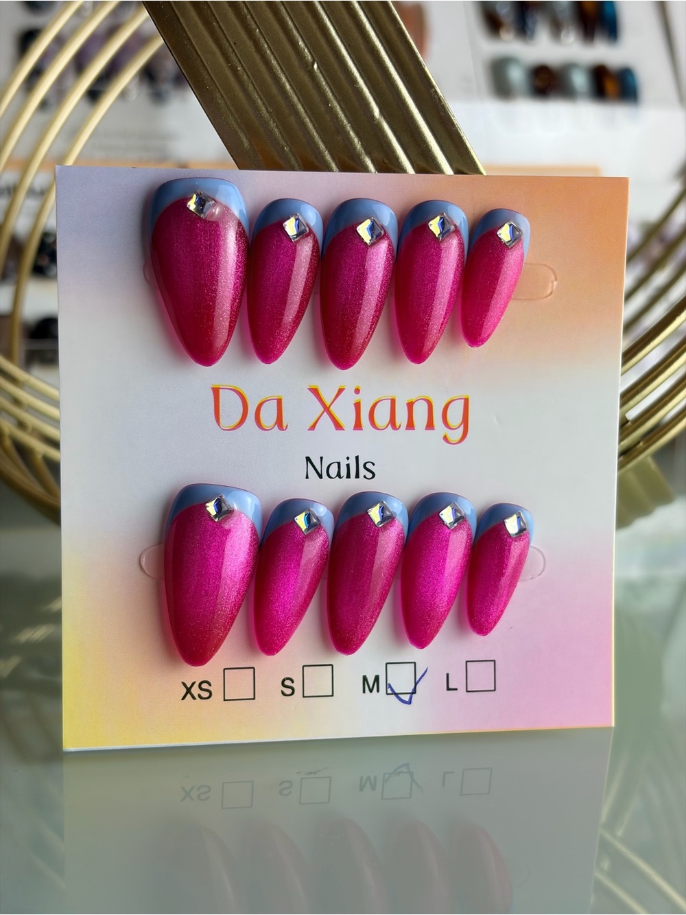 Da Xiang Pink & Periwinkle Rhinestone Almond Press-On Nails Medium